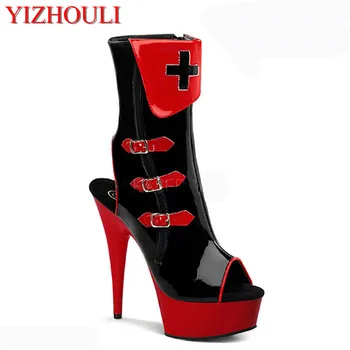 

Unique sexy color block decoration open toe low boots 15 high-heeled shoes cd plus size boots cos player sandals for women