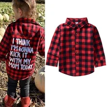 Oeak для детей для маленьких мальчиков и девочек, буквы Baby печати длинный рукав; пуговицы вниз красная клетчатая фланелевая рубашка Демисезонный Новая мода