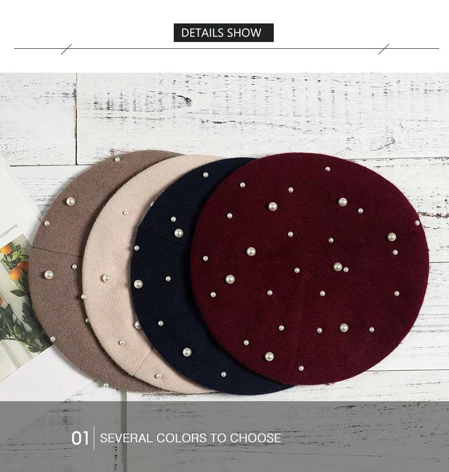 New Beret With Pearls For Woman In Autumn Winter Pure Wool Knitted Bead Pearl Cap Warm Girl Sweet Painter Ladies Hat Wholesale (18)