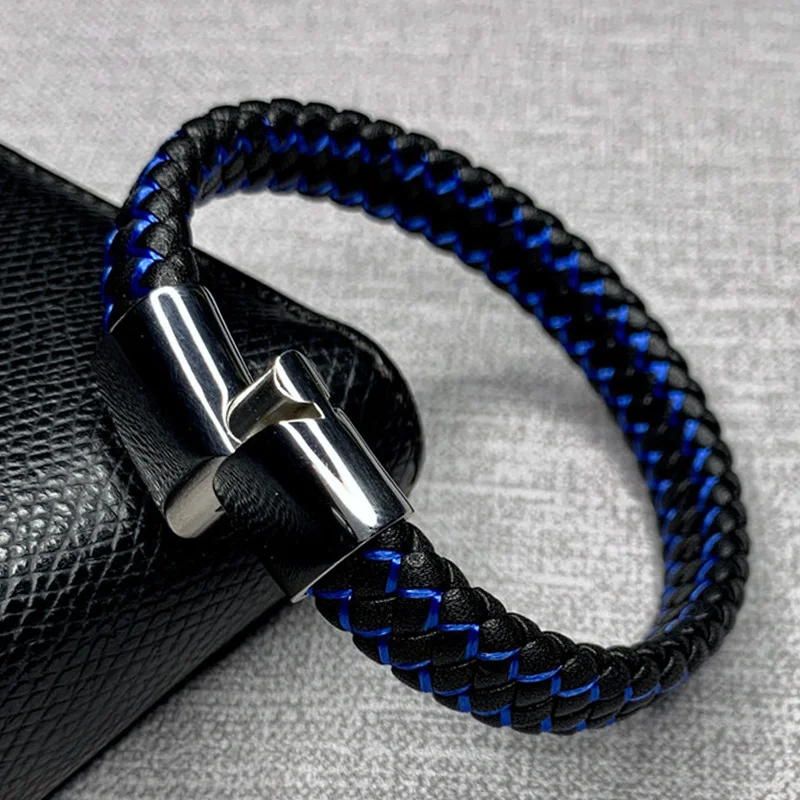 Модный плетеный мужской кожаный браслет черного и синего цвета из нержавеющей стали с магнитной застежкой, очаровательные браслеты, мужские браслеты на запястье, подарки 002