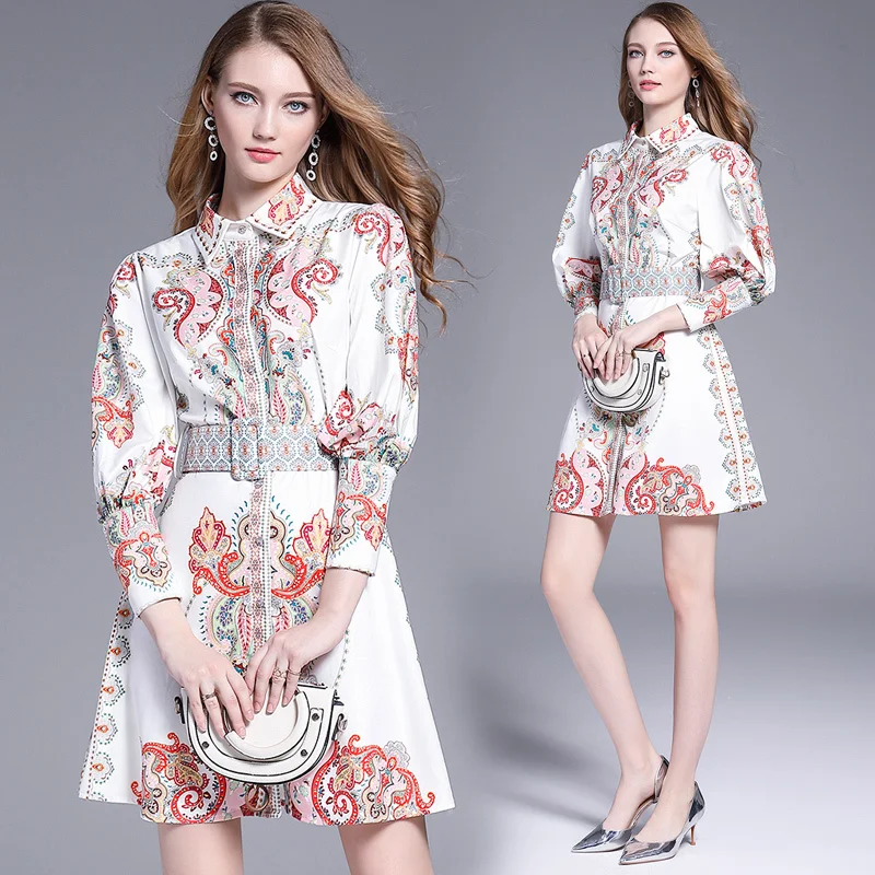 

New Arrival 2019 Summer Fall Runway Vintage Letter Print Collar Lantern Sleeve Belt Women Casual Party A-Line Mini Shirt Dress