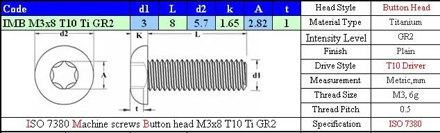 Титановый винт M3x8 головка кнопки Torx T10 драйвер ISO 7380 Ti GR2 полированный 25 шт