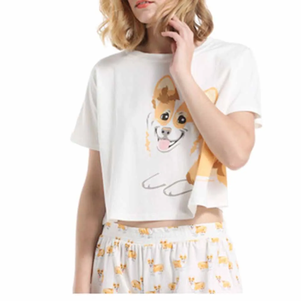 

Women's Pajama Sets Dachshund Pug Corgi Chihuahua German Shepherd Dog Crop Top Shorts Elastic Waist Loose Pijama Mujer O-neck