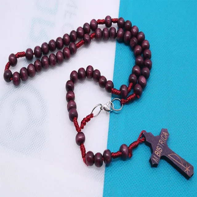 Natural Brown Wood Bead Line Rosary Necklace with Crucifix ST Benedict NR  Holy Jerusalem Rosary Gift