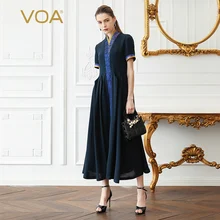 VOA Heavy Silk Long Dress Women Swing Dresses Plus Size 5XL Solid Slim Navy Blue Vintage Chinese Summer Short Sleeve A391