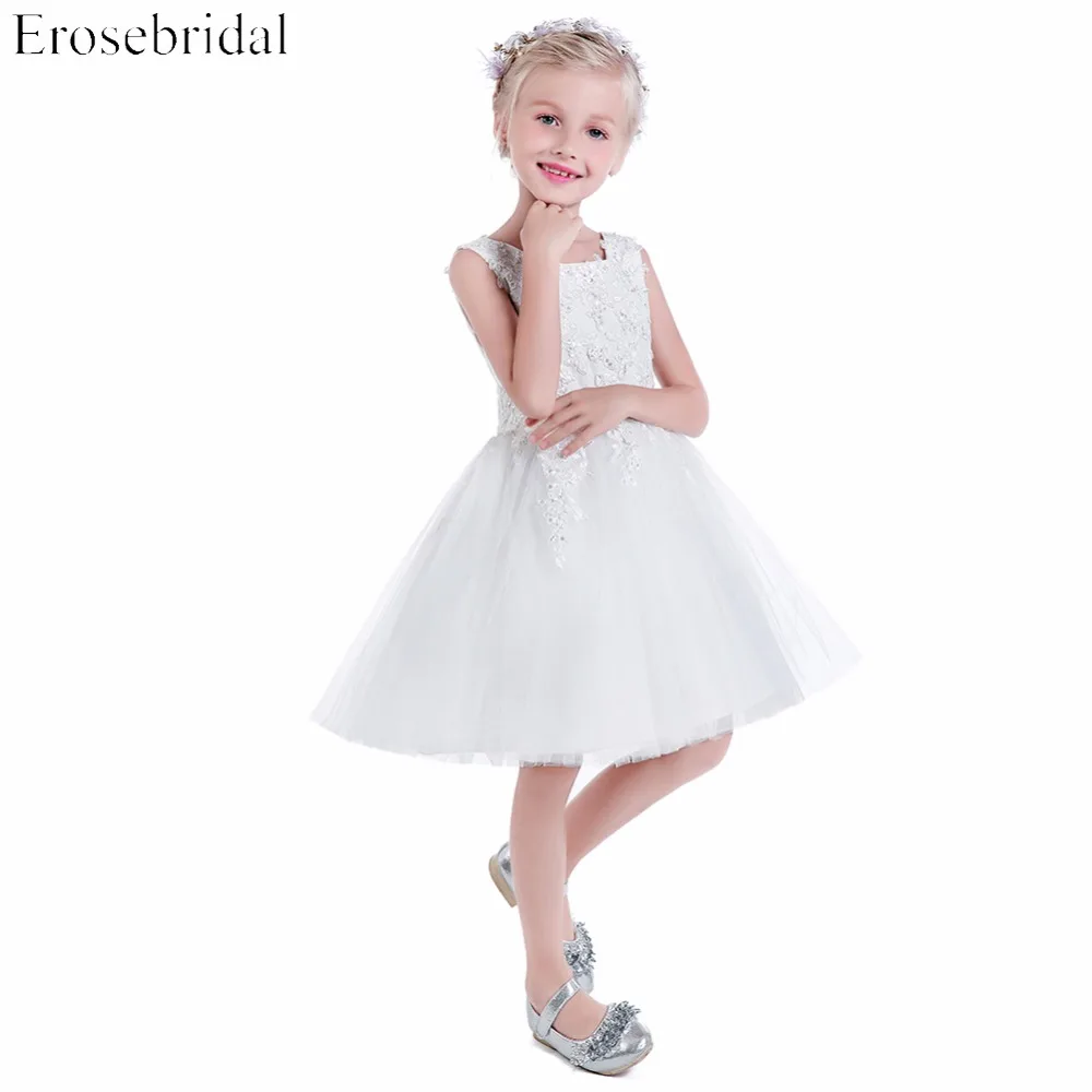 Красивая 2018 линия Платье в цветочек для девочек Erosebridal белое свадебное платье для девочек Аппликации Лиф праздничная одежда молния Назад