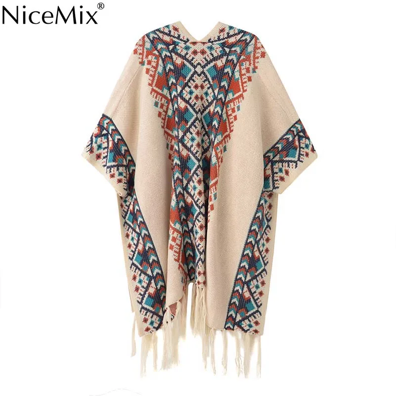 NiceMix осенний женский свитер кардиган пончо накидка плюс размер женские пальто с кисточками винтажные женские кардиганы Feminino