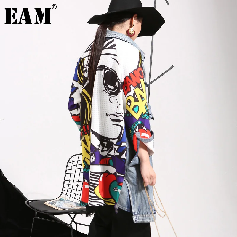  [EAM] 2020 New Spring Lapel Printed Cowboy Split Joint Loose Long Big Size Denim Jacket Women Coat 