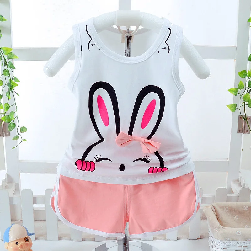 Детские топы без рукавов для маленьких мальчиков и девочек+ шорты, комплект одежды из 2 предметов для детей, летняя спортивная одежда с рисунком кролика и Минни - Цвет: Rabbit white
