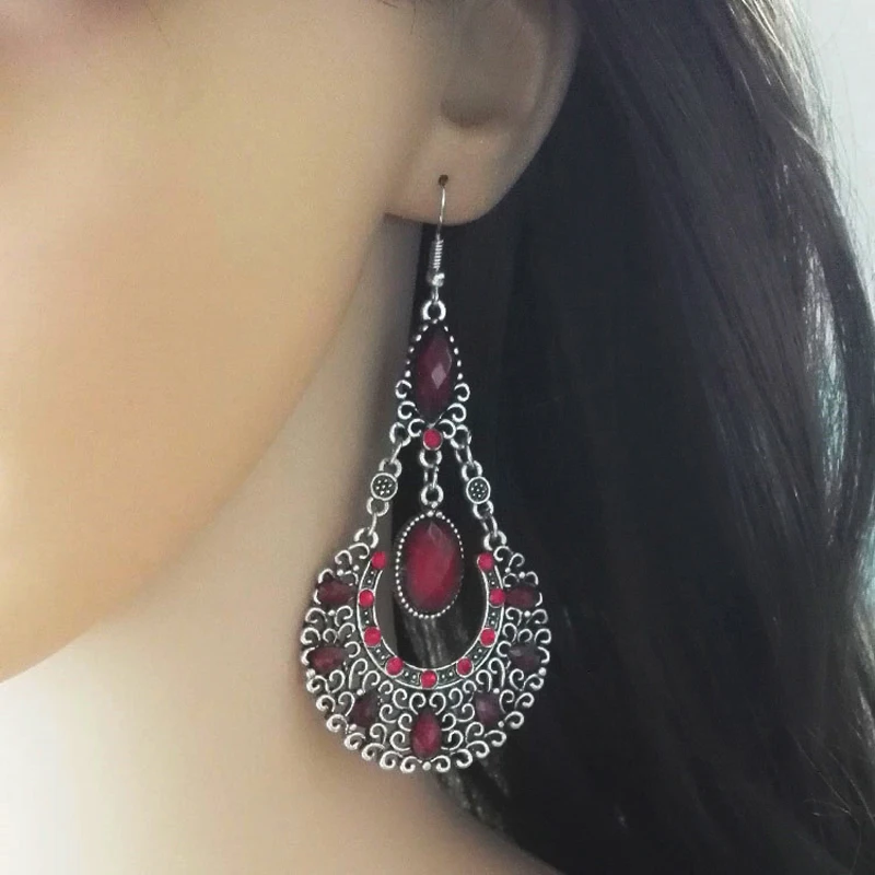 

2019 New Vintage Silver Boho Dangle Earrings Women Big Hollow Out Water Drop Ethnic Tassel Long Earrings Female Jewelry Gifts