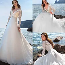 Великолепное Кружевное шифоновое свадебное платье трапециевидной формы с v-образным вырезом, пояс с бисером, длинный рукав, кружевное свадебное платье на заказ