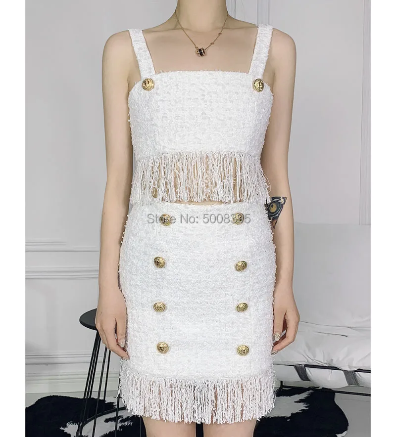 

White Tweed Mini skirt Double Breasted Gold Button Fringed Tassels Hem Woman High quality skirts