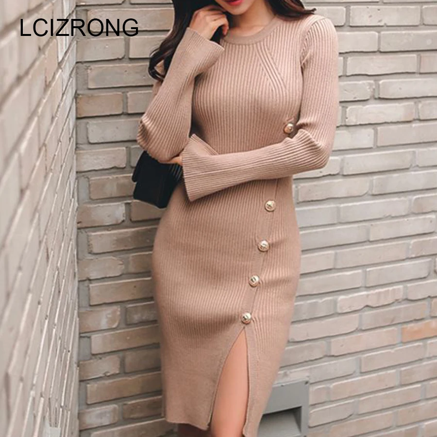 

Winter Fashion Sweater Dresses Women Knitting Office Lady Bodycon Dress Autumn Sexy O-neck Long Sleeve Split Knee-Length Dress