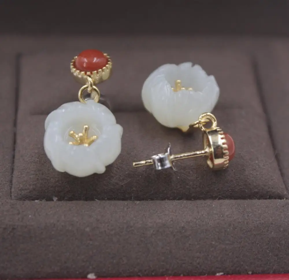 

Pure S925 Silver & Hetian Jade Red Agate Stud Earrings Gold Plating Flower Drop Fashion 21mmL