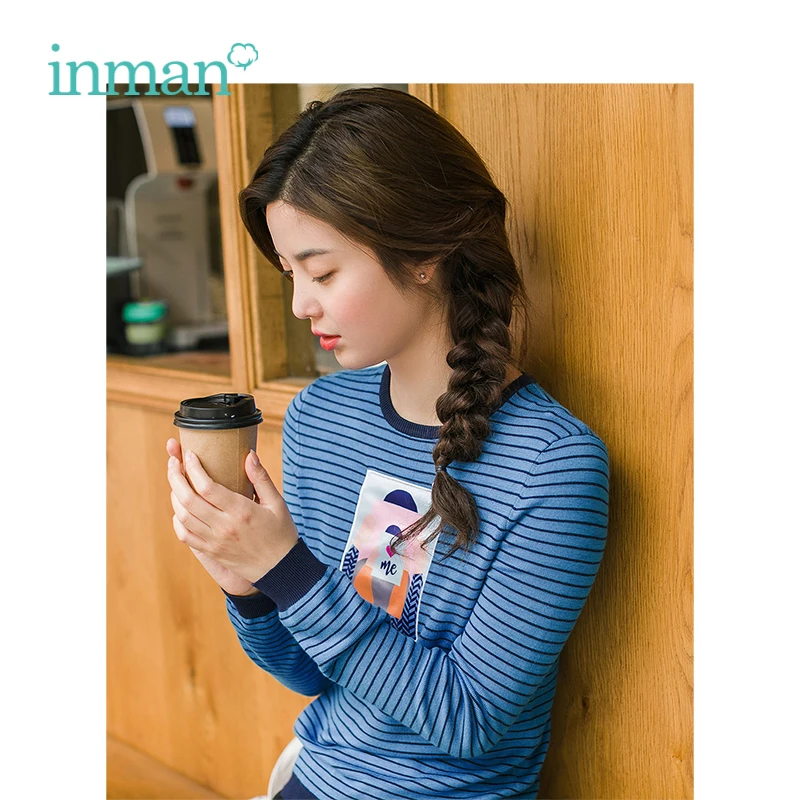 

INMAN Autumn 2019 New Art Print Pullover Fringe Sweater Long Sleeve Slim Knit Top