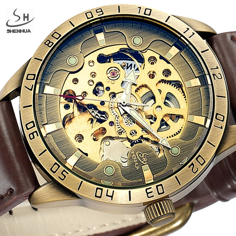 

Skeleton Mechanical Watch Men Bronze Luxury Brand SHENHUA Retro Leather Sport Automatic Watch Sport Vintage Relogio Masculino