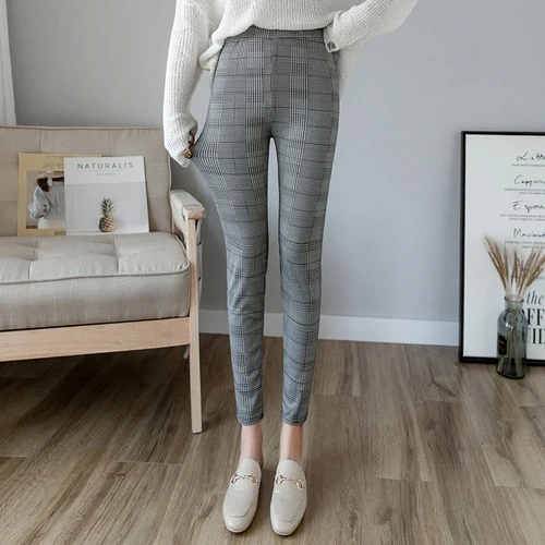 

Trousers Women 2019 Spring Summer England Style Vintage Plaid Chic Beading Elastic Waist Slim Pencil Pants pantalon femme B302