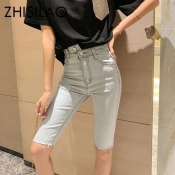 

Pencil Knee Length Skinny Jeans Women 2019 Blue High Waist Capris Jeans Plus Size Capri For Women Jean Short Femme Boyfriends