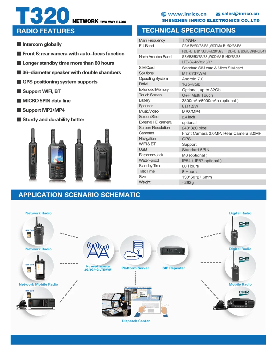 Inrico сеть радио T320 4G LTE сеть рация внутренней связи POC walkie talkie T-320 WCDMA двухстороннее радио