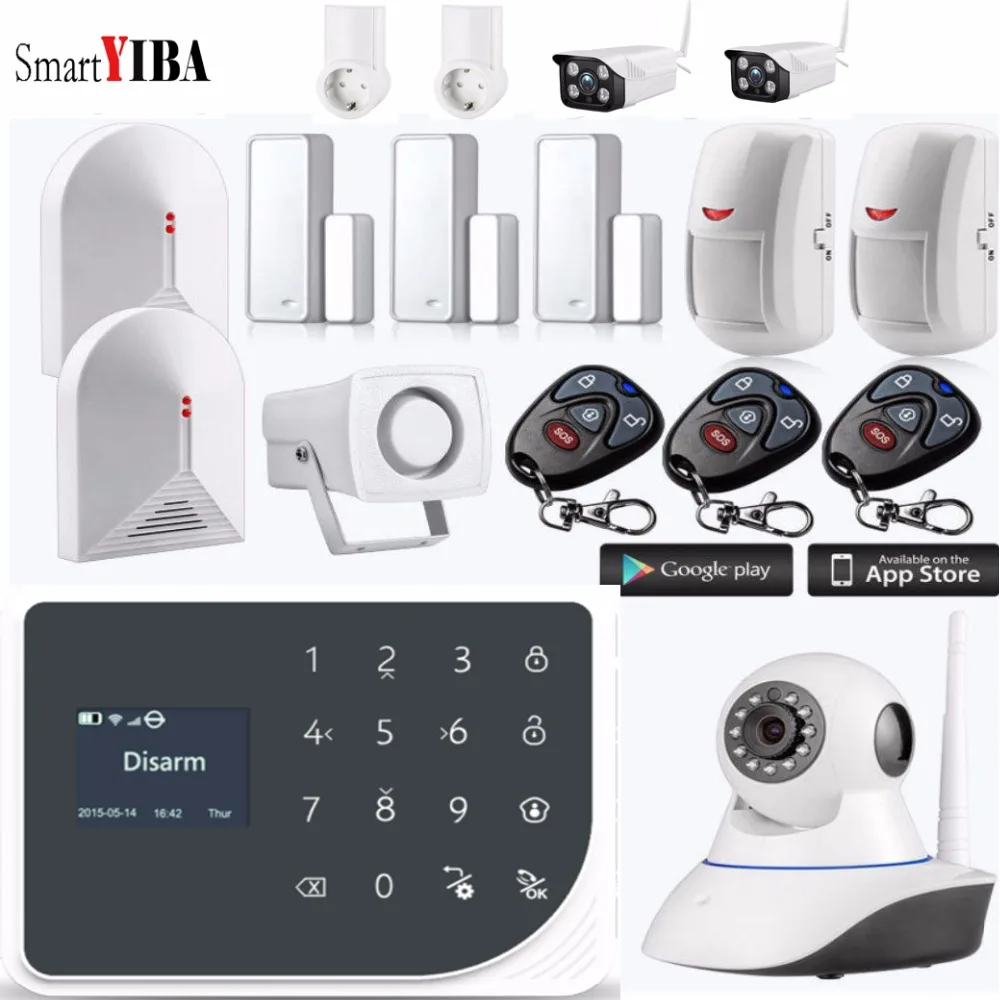 SmartYIBA Wireless GSM Alarm System wifi Burglar Alarm System Russian Spanish Nederland English Voice Smart Socket IP Camera