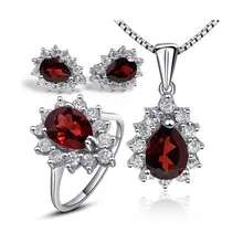 Мода в форме капли воды серебряных ювелирных камней комплекты природный гранат кольцо ожерелье серьги Твердые 925 серебро Гранат комплект