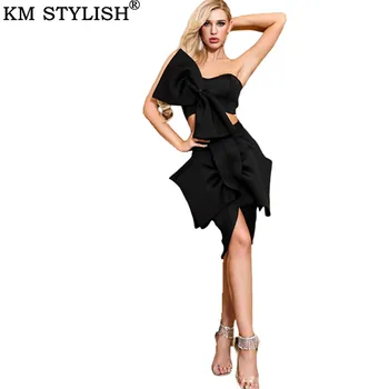 

New Women Elegant two-piece sets sexy chest bow tube tops waist top + irregular bow short skirt black red suit