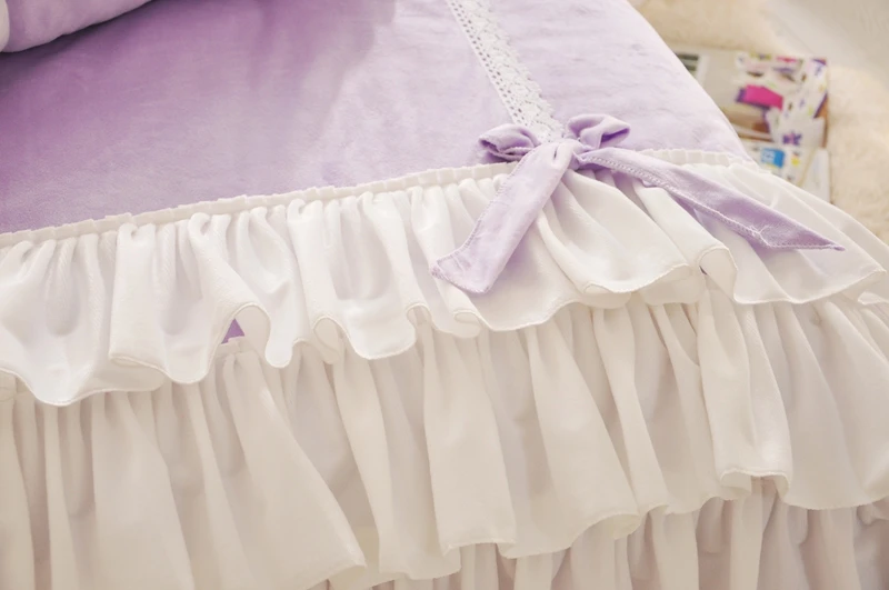 Корейский принцесса синий фиолетовый желтый флис тканевый спальный набор Белый рябь бант пододеяльник фланелевый бархат постельный комплект