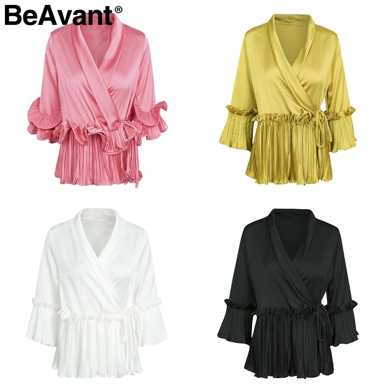 BeAvant Elegant satin pleated ruffles peplum tops 2018 Casual loose long sleeve blouse shirts Women v neck white blouse female
