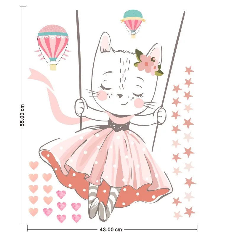Мультфильм розовый Кот качели животные кролик наклейки на стену для комнаты дети звезда воздушный шар декоративные дети Декор стены окна