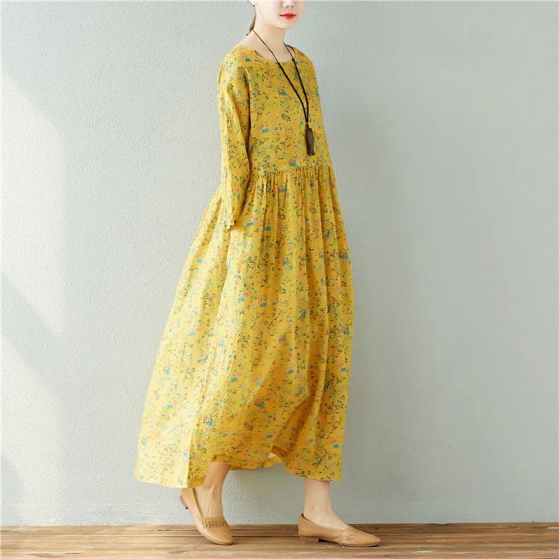 Printemps Vintage Kaki jaune Imprimé Ramie Été Imprimer Robe Dames Femmes Plissée 2018 Rétro gBxUdq8dwn