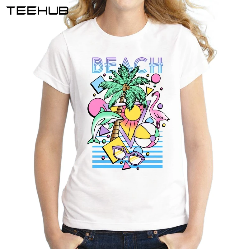 2018 Women Fashion Beach Scene Design Short Sleeve T shirt Lady