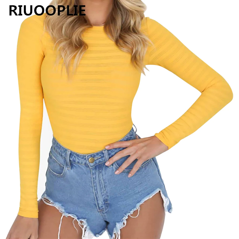 RIUOOPLIE Women Fashion Stretchy Rompers O Neck Long Sleeve Bodycon