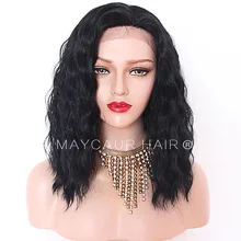 Maycaur Short Curly Wig Heavy Density Synthetic Lace Front Wigs for Black Women Lace Front Wigs Black Color Hair short inclined bang curly synthetic lace front wig