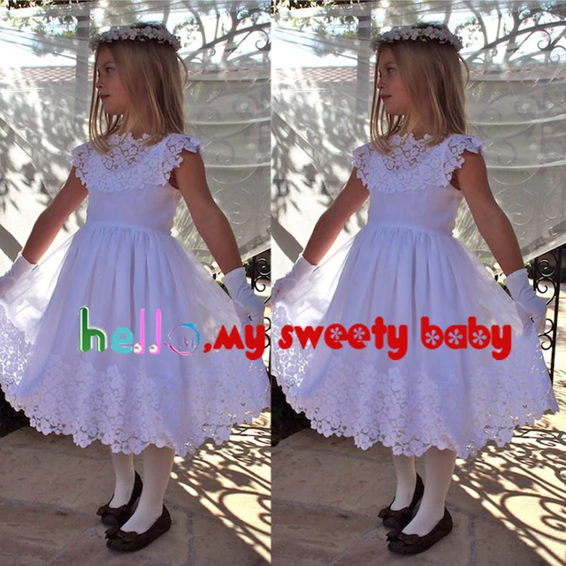 Cheap New Arrival Little Girls Dresses Party Dresses Ankle Length Crew Neckline Lace Cap Sleeve A Line White Little Flower Girls Dress