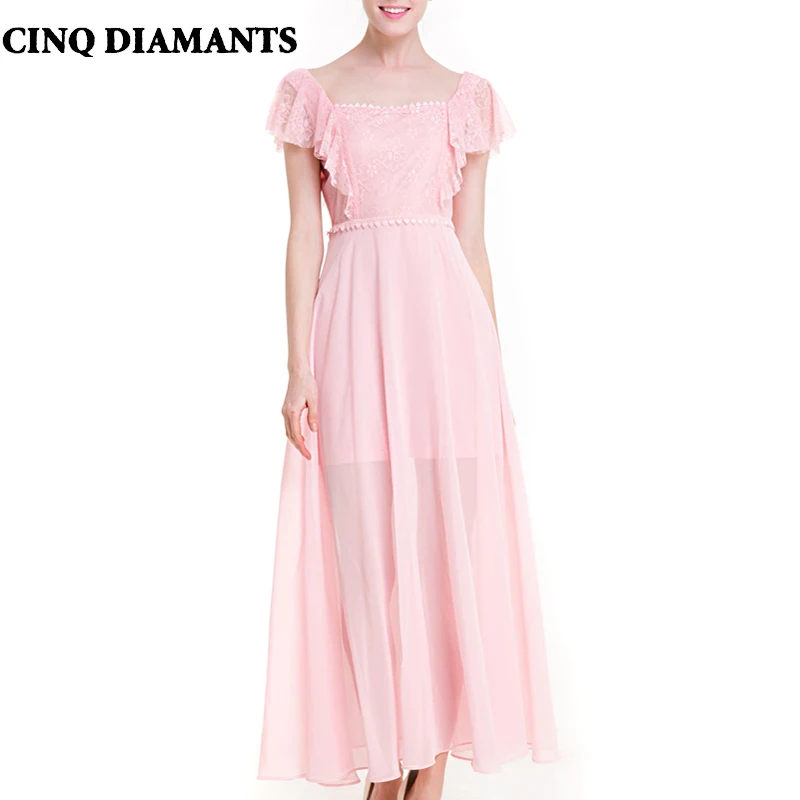 CINQ DIAMANTS Pink Green Maxi Long Dress Swing Sweet Chiffon Ruffles Sundress Square Collar Patchwork longue robe | Женская одежда