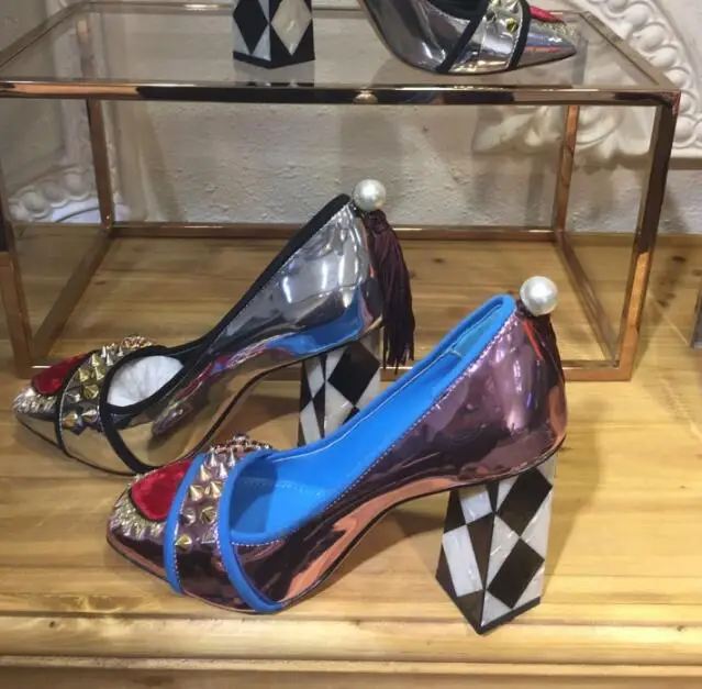 Tacones As Púrpura Pic Perla Oro De Cuadros Pic Remaches Chunky as Rojo Amor Mujeres Cuero Zapatos A Sexy Bombas Cristal Plata Primavera wU8qC