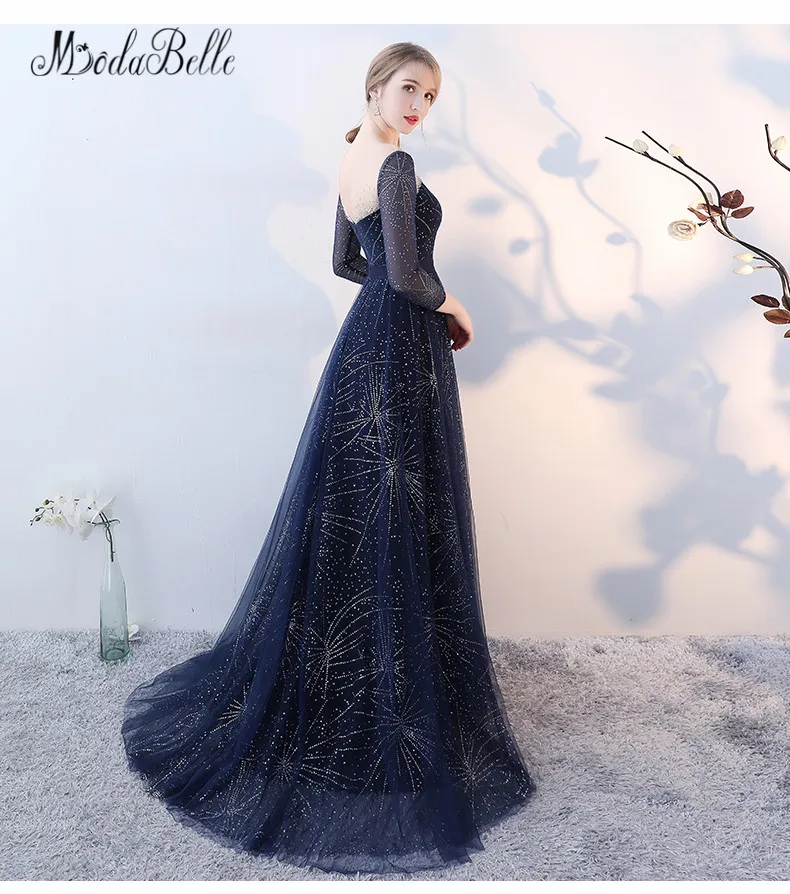 Modabelle Тюль темно-синий платье для выпускного вечера со звездами Блёстки Для женщин Bling вечернее платье с длинным рукавом 2018 luxus выпускной