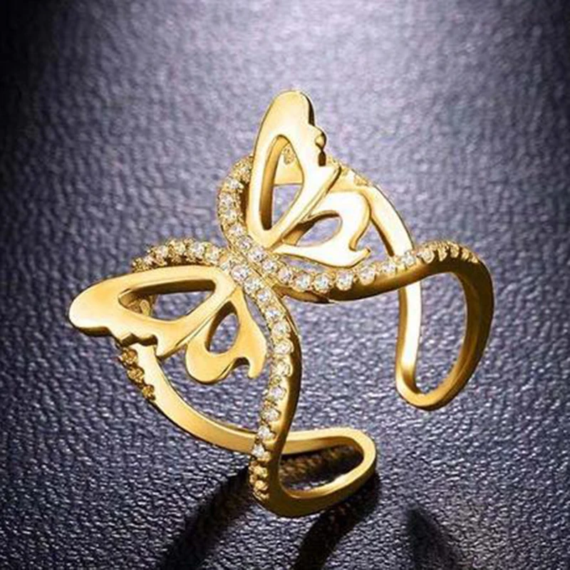 Очаровательный Золотой Цвет австрийский хрусталь CZ бабочка кольца Романтические свадебные аксессуары открытое женское кольцо для помолвки ювелирные изделия подарок L4M049