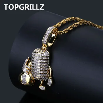 

TOPGRILLZ Hip Hop Copper Microphone Holding Money Bag Iced Out Cubic Zircon Pendant Necklace Men Jewelry With 4MM Tennis Chain