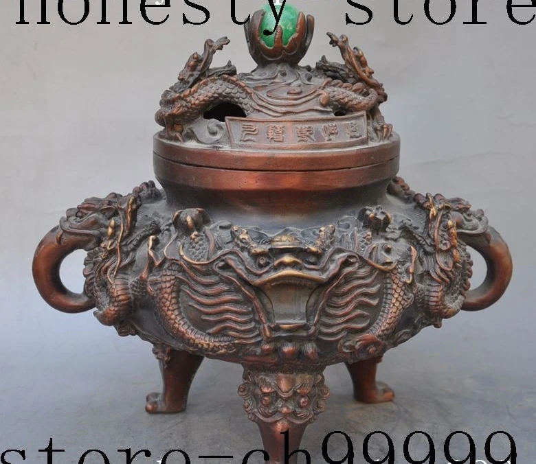 

10" tibet fengshui Bronze 9 Dragon play Bead Pearl Statue Incense Burner Censer