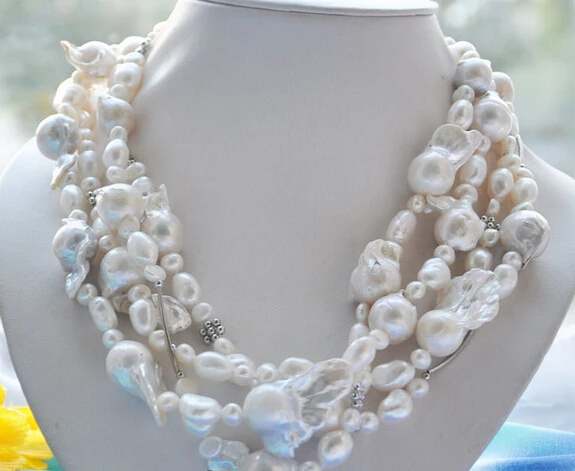 

Miss charm Jew1504 HUGE 4strands 18" 30MM WHITE BAROQUE KESHI REBORN PEARL NECKLACE 14k