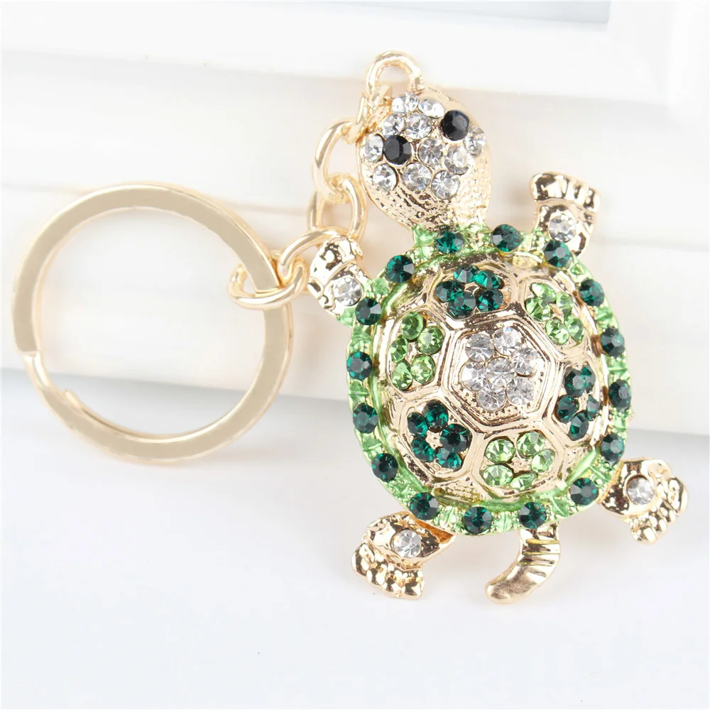 Green Tortoise Turtle Pendant Charm Rhinestone Crystal Purse Bag Keyring Key Chain Accessories Wedding Party Lover