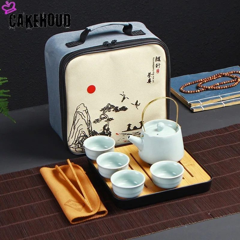 

CAKEHOUD Portable Travel Chinese Kung Fu Tea Set Traditional Tea Ceremony Ceramic Gift Teapot And Tea Cup Tea Tray Travel Bag