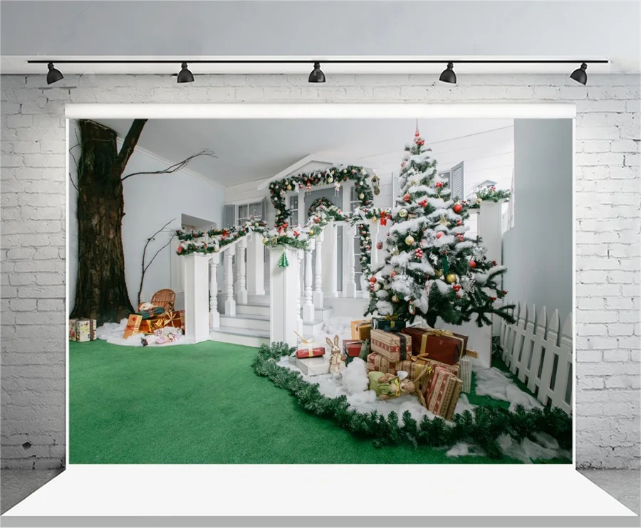 

Laeacco Christmas Tree Gifts Fir Garland Decor Porch Scene Photography Backgrounds Vinyl Custom Camera Backdrop For Photo Studio