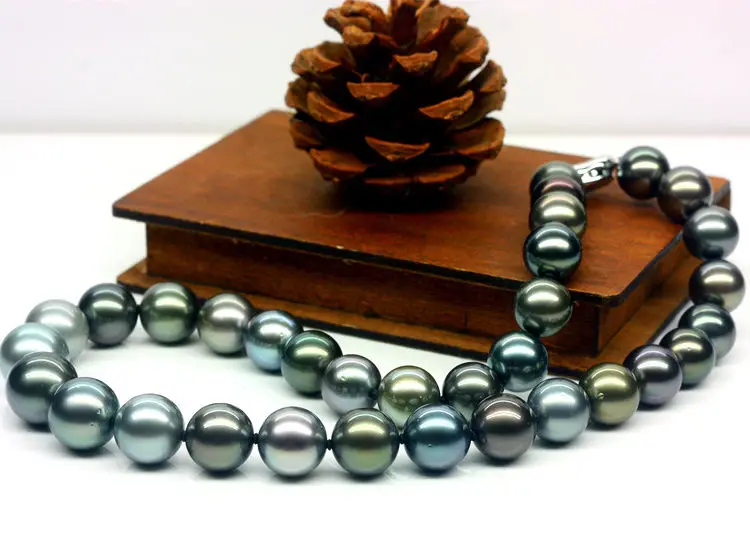 

round top quality AAA12mm natural south seas peacock black pearl necklace 18'' (9.13)
