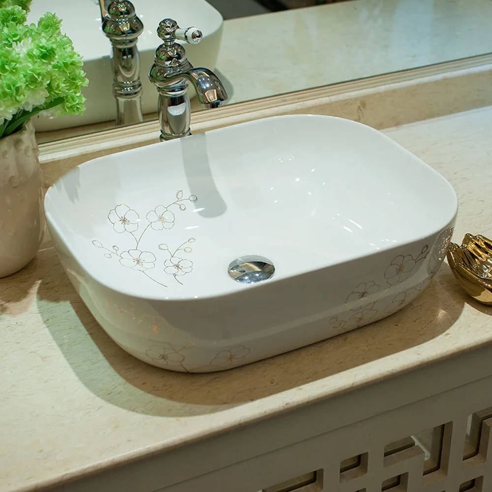 Ванная комната над столешницей керамическая раковина ванная комната раковина маленький золотой цветок LO620447
