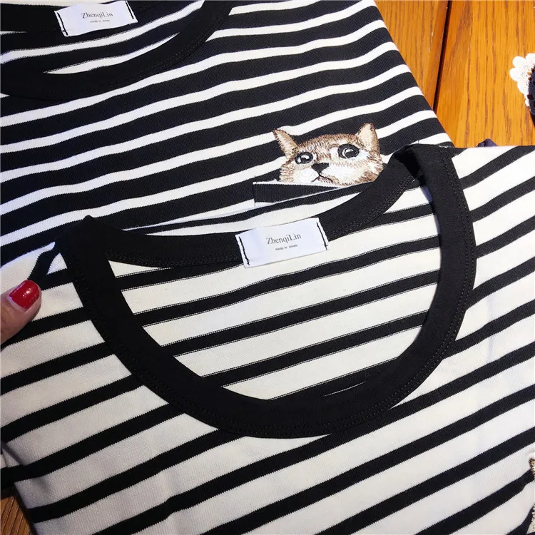 Large All T Ladies Chart Korea See Spring Long Color match Pocket 2017 New Sleeve see shirt Chart Embroidery Female Stripes 2 fftxOFa8