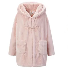 Длинное пальто из искусственного меха с роговыми пуговицами, зимнее пальто, женское повседневное пальто с длинным рукавом