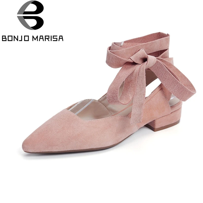 

BONJOMARISA Kid Suede Genuine Leather Pointed Toe Flats Ankle Cross Strap Fashion Woman Shoes Large size33-43