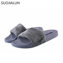 SUOJIALUN Womens Slippers Spring Autumn Fluffy Women Open Toe Slip On Sliders Fur Flat Female Casual Slipper Flip Flop Sandal